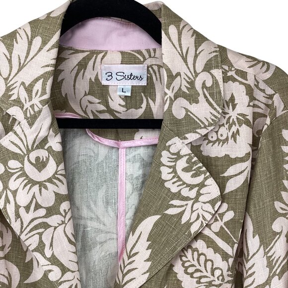 3 Sisters Womens Jacket Blazer Size Large Linen Floral Pink & Green Lightweight - Picture 2 of 10